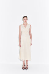 Sleeveless Linen Midi Dress for Women with V-Neckline and Draped Waist Detail – Flared Skirt