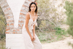Linen Tie-Front Jumpsuit with Wide-Leg Cut and Adjustable Shoulder Straps