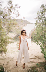 Linen Tie-Front Jumpsuit with Wide-Leg Cut and Adjustable Shoulder Straps