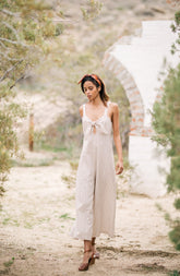 Linen Tie-Front Jumpsuit with Wide-Leg Cut and Adjustable Shoulder Straps