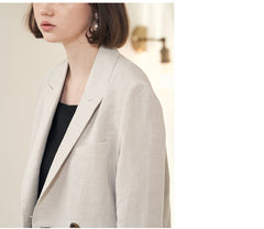 Double-Breasted Women's Linen Blazer with Structured Fit and Notch Lapel Tailoring