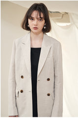 Double-Breasted Women's Linen Blazer with Structured Fit and Notch Lapel Tailoring