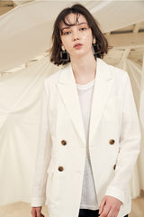 Double-Breasted Women's Linen Blazer with Peak Lapel and Tailored Lightweight Structure
