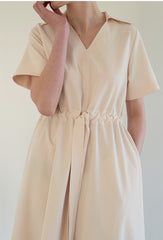 Linen Midi Dress with Soft Collar, Gathered Waist Tie, and Relaxed Short Sleeves