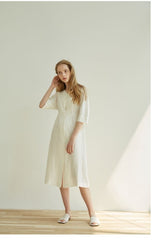 Elegant Button-Front V-Neck Linen Dress with Half Sleeves and Tailored Waist Detail