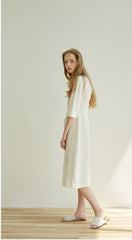 Elegant Button-Front V-Neck Linen Dress with Half Sleeves and Tailored Waist Detail
