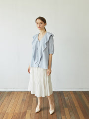 Pleated Linen Midi Skirt with Textured Panels and Flared Hem for Feminine Movement