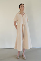 Linen Midi Dress with Soft Collar, Gathered Waist Tie, and Relaxed Short Sleeves