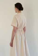Linen Midi Dress with Soft Collar, Gathered Waist Tie, and Relaxed Short Sleeves