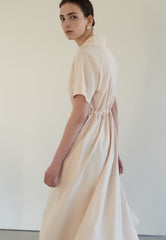 Linen Midi Dress with Soft Collar, Gathered Waist Tie, and Relaxed Short Sleeves