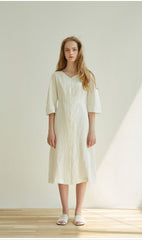 Elegant Button-Front V-Neck Linen Dress with Half Sleeves and Tailored Waist Detail