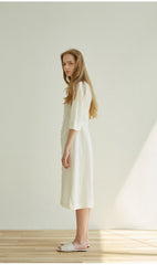 Elegant Button-Front V-Neck Linen Dress with Half Sleeves and Tailored Waist Detail