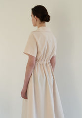 Linen Midi Dress with Soft Collar, Gathered Waist Tie, and Relaxed Short Sleeves