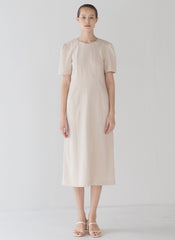 Classic Linen Midi Dress with Puff Sleeve Detail and Tailored A-Line Silhouette