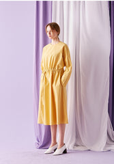 Relaxed Fit Cotton Poplin Midi Dress for Women with Drawstring Waist and Long Sleeves