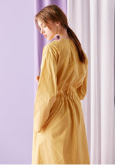 Relaxed Fit Cotton Poplin Midi Dress for Women with Drawstring Waist and Long Sleeves