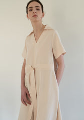 Linen Midi Dress with Soft Collar, Gathered Waist Tie, and Relaxed Short Sleeves