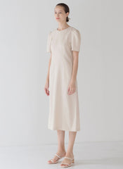 Classic Linen Midi Dress with Puff Sleeve Detail and Tailored A-Line Silhouette