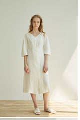 Elegant Button-Front V-Neck Linen Dress with Half Sleeves and Tailored Waist Detail