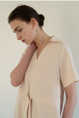 Linen Midi Dress with Soft Collar, Gathered Waist Tie, and Relaxed Short Sleeves