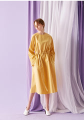 Relaxed Fit Cotton Poplin Midi Dress for Women with Drawstring Waist and Long Sleeves