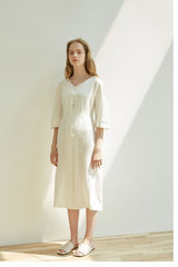 Elegant Button-Front V-Neck Linen Dress with Half Sleeves and Tailored Waist Detail