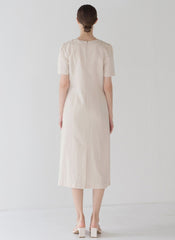 Classic Linen Midi Dress with Puff Sleeve Detail and Tailored A-Line Silhouette
