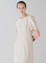 Classic Linen Midi Dress with Puff Sleeve Detail and Tailored A-Line Silhouette
