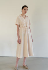 Linen Midi Dress with Soft Collar, Gathered Waist Tie, and Relaxed Short Sleeves