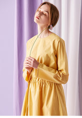 Relaxed Fit Cotton Poplin Midi Dress for Women with Drawstring Waist and Long Sleeves