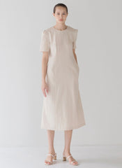 Classic Linen Midi Dress with Puff Sleeve Detail and Tailored A-Line Silhouette