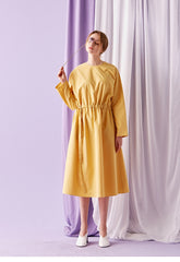 Relaxed Fit Cotton Poplin Midi Dress for Women with Drawstring Waist and Long Sleeves