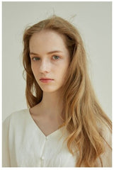 Elegant Button-Front V-Neck Linen Dress with Half Sleeves and Tailored Waist Detail