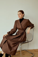 Cotton Poplin Wrap Dress with Long Sleeves, Tie Waist, and Flared Midi Skirt Silhouette