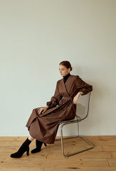 Cotton Poplin Wrap Dress with Long Sleeves, Tie Waist, and Flared Midi Skirt Silhouette