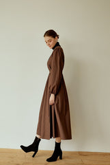 Cotton Poplin Wrap Dress with Long Sleeves, Tie Waist, and Flared Midi Skirt Silhouette