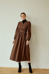 Cotton Poplin Wrap Dress with Long Sleeves, Tie Waist, and Flared Midi Skirt Silhouette