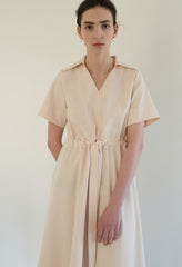 Linen Midi Dress with Soft Collar, Gathered Waist Tie, and Relaxed Short Sleeves