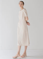 Classic Linen Midi Dress with Puff Sleeve Detail and Tailored A-Line Silhouette
