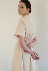 Linen Midi Dress with Soft Collar, Gathered Waist Tie, and Relaxed Short Sleeves