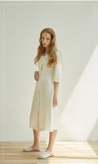 Elegant Button-Front V-Neck Linen Dress with Half Sleeves and Tailored Waist Detail