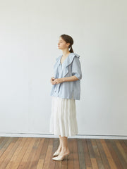 Pleated Linen Midi Skirt with Textured Panels and Flared Hem for Feminine Movement