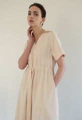 Linen Midi Dress with Soft Collar, Gathered Waist Tie, and Relaxed Short Sleeves