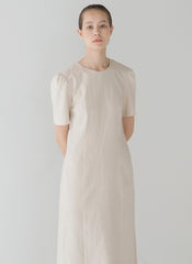 Classic Linen Midi Dress with Puff Sleeve Detail and Tailored A-Line Silhouette