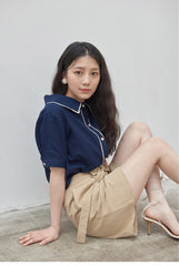 High-Waisted Linen Blend Shorts with Self-Tie Belt and Pleated Front Detailing