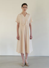 Linen Midi Dress with Soft Collar, Gathered Waist Tie, and Relaxed Short Sleeves