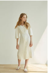 Elegant Button-Front V-Neck Linen Dress with Half Sleeves and Tailored Waist Detail