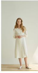 Elegant Button-Front V-Neck Linen Dress with Half Sleeves and Tailored Waist Detail