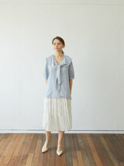 Pleated Linen Midi Skirt with Textured Panels and Flared Hem for Feminine Movement