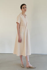Linen Midi Dress with Soft Collar, Gathered Waist Tie, and Relaxed Short Sleeves